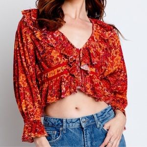 FREE PEOPLE Rudi Printed Ruffle Crop Blouse, cherry combo‎ size M